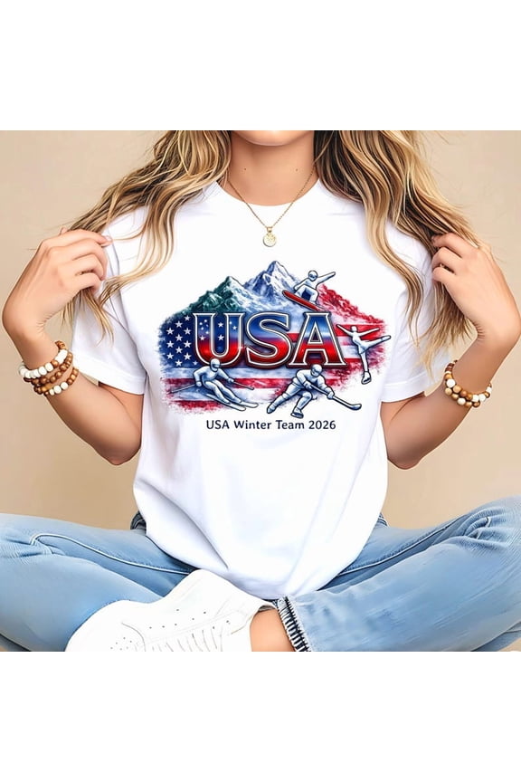 USA Winter Sports 2026 Graphic Shirt Italy Milano Cortina Inspired Patriotic Mountain Ski Snowboard Hockey Design Unisex Cotton T-Shirt, Size S-5XL