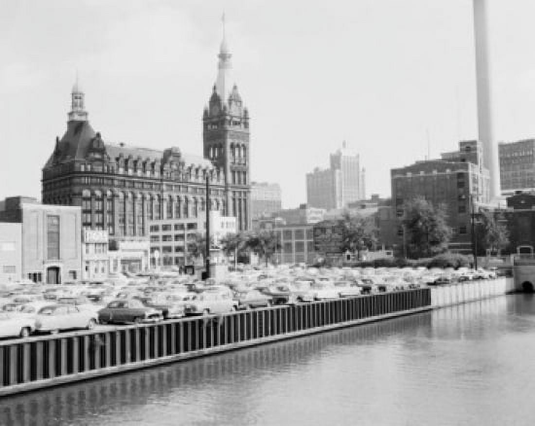 USA Wisconsin Milwaukee Skyline showing City Hall and parking lot Canvas Art - (24 x 36)