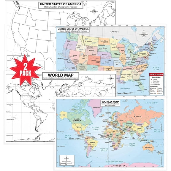 USA & World 2 Piece Map Posters – 11x17 Laminated Dry Erase Study Map | Double-Sided Classroom Learning Tool with Color Geography Map Front & Blank Outline Back | Reusable Homeschool Practice