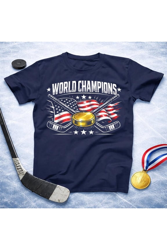 USA World Champions Shirt - Patriotic Hockey Tee, American Flag Gold Puck, Team Pride Gift Unisex T-shirt