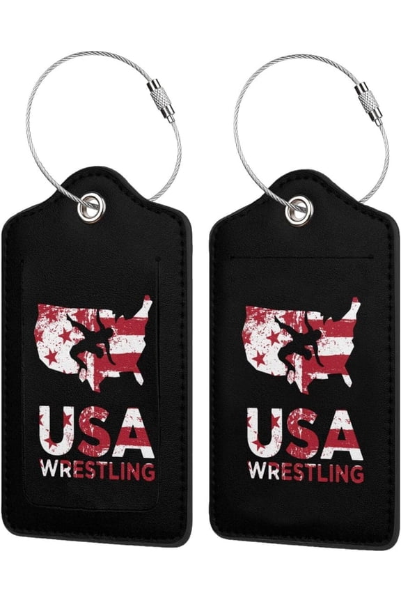 USA Wrestling Leather Baggage Bag Luggage Tags with Stainless Steel Loop and Privacy Cover, 2 PCS, Black