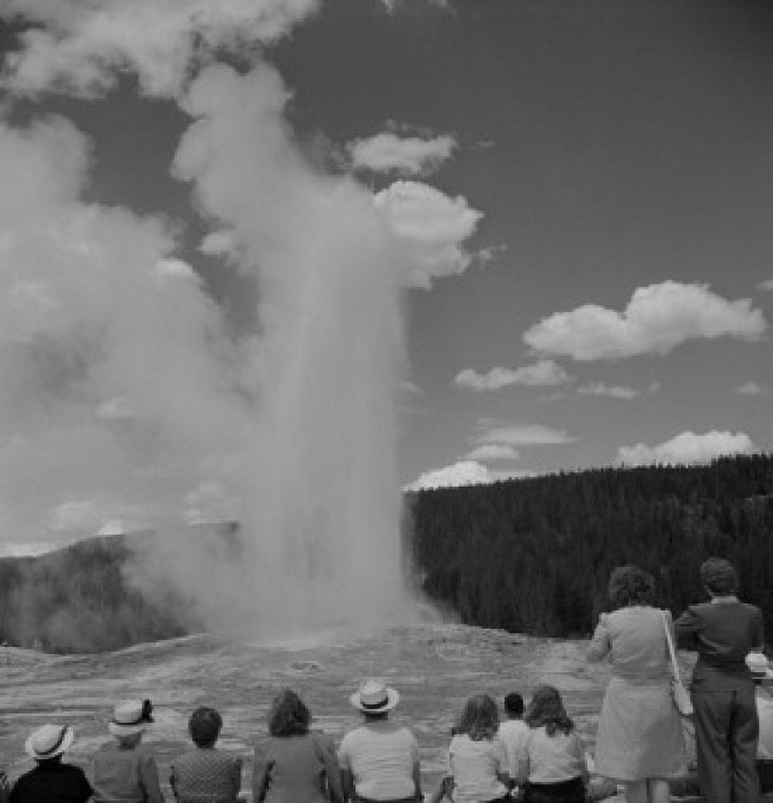 USA Wyoming Yellowstone National Park Tourists watching Old Faithful Canvas Art - (24 x 36)