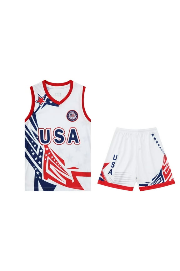 USA Youth Boys Basketball Jerseys Outdoor Sport Fans Activewear Training Jerseys Sleeveless Tank and Shorts Set Red L