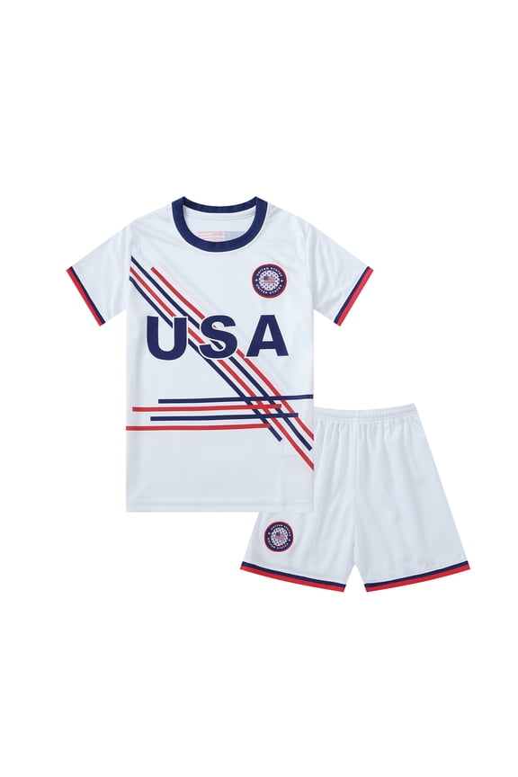 USA Youth Boys Soccer Jerseys Outdoor Sports Kid Activewear Training Short Sleeve Kit Shirt Shorts Set White XS