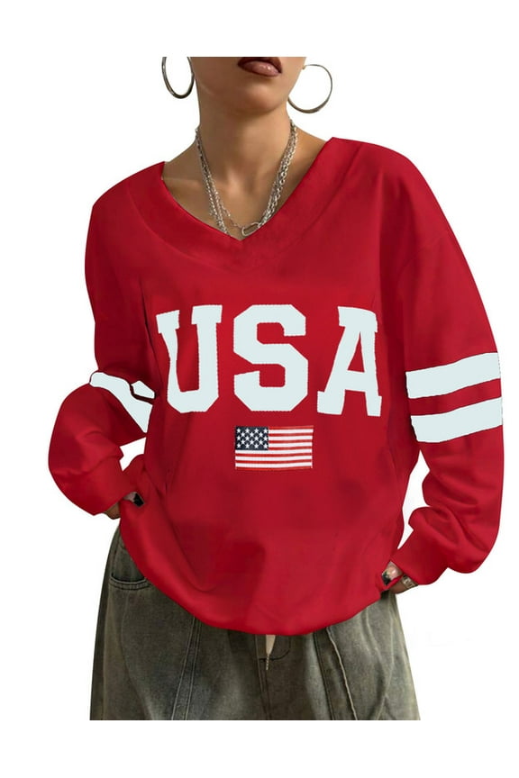 USA and American Flag Graphic Sweatshirts for Women 4th of July V-Neck Off Shoulder Sweatshirt Oversized Pullover Tops Shermie