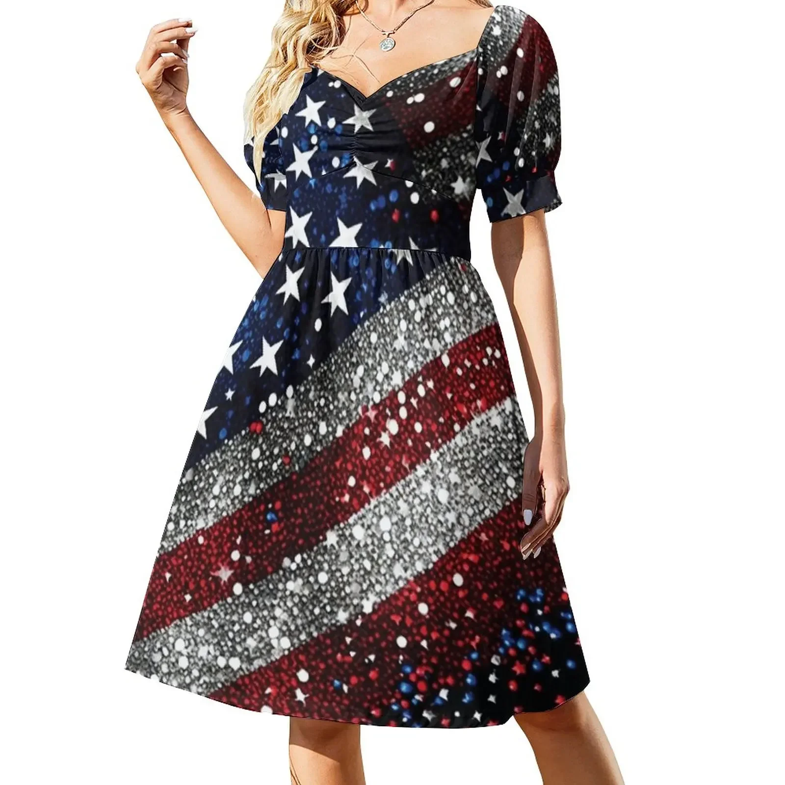USA flag red blue faux sparkles glitters Sleeveless Prom gown wom's ...
