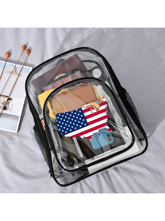 USA map flag design 16'' Clear Backpack, Heavy Duty PVC Transparent Backpack, See Through Bookbag Multiple Pockets for Stadium,Travel