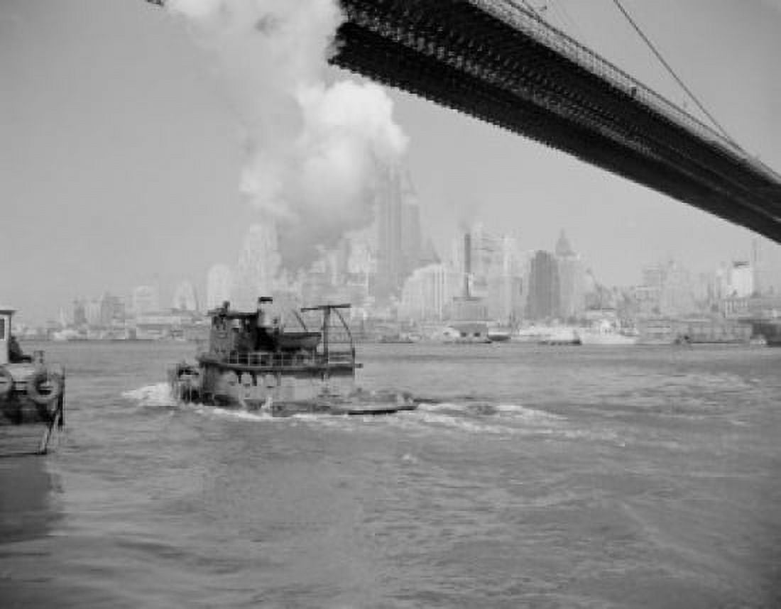 USA new York State New York City Manhattan Steamboat floating under bridge skyline in the background Canvas Art -  (18 x 24)