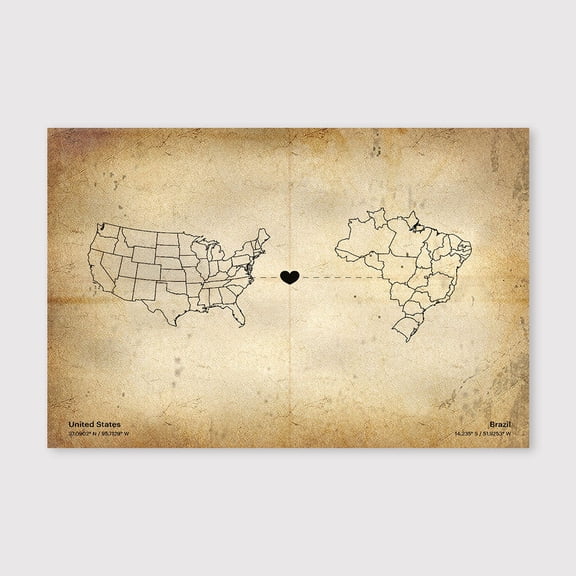 USA to Brazil Map Canvas Wall Art 8x12 inch -USA to Brazil Map Antique Rustic Canvas Decor for Study Room and Home Office