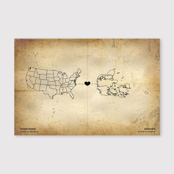 USA to Denmark Map Canvas Wall Art 8x12 inch -USA to Denmark Map Rustic Canvas Wall Decor with Timeless Antique Style Artwork