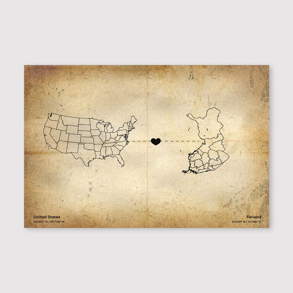 USA to Finland Map Canvas Wall Art 8x12 inch -USA to Finland Map Rustic Neutral Canvas Artwork for Living Room and Workspace Decor