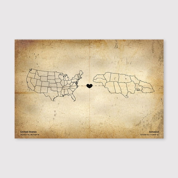 USA to Jamaica Map Canvas Wall Art 8x12 inch -USA to Jamaica Map Rustic Old World Canvas Artwork for Neutral Home Decoration