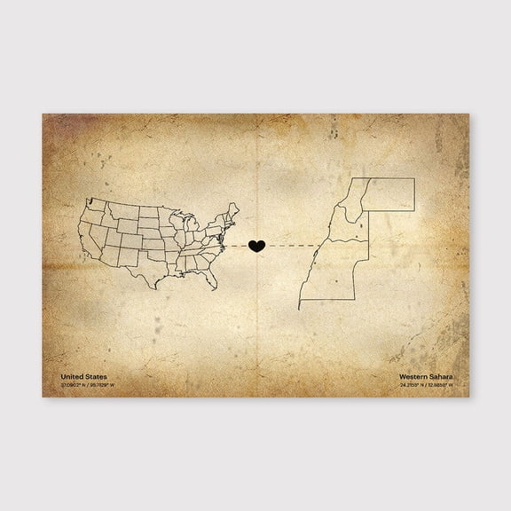 USA to Western Sahara Map Canvas Wall Art 8x12 inch -USA to Western Sahara Map Rustic Canvas Artwork with Antique Style for Office and Study Room
