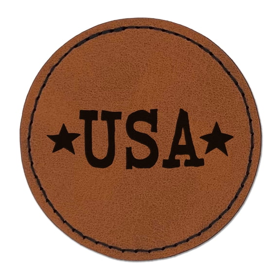 USA with Stars Patriotic Fun Text 2.5" Faux Leather Round Engraved Iron-On Patch - Brown