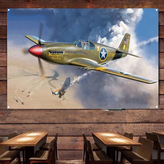 USAAF P-51 North Africa Fighter Jet Wall Decor Tapestry - Attack Aircraft Canvas Print Poster - Air Force Banner Wall Hanging Flag - Military Aviation Artwork For Army Fans 38" x 57"