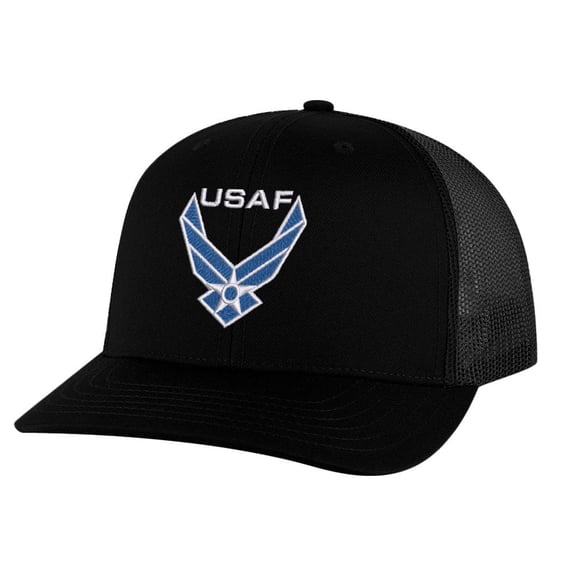 Air Force Hat - Embroidered USAF Logo - Military Trucker Baseball Cap Snapback (Black)