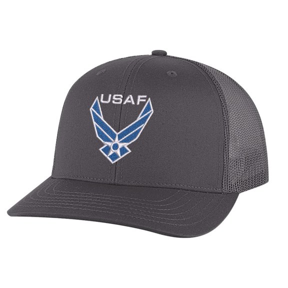 Air Force Hat - Embroidered USAF Logo - Military Trucker Baseball Cap Snapback (Charcoal)