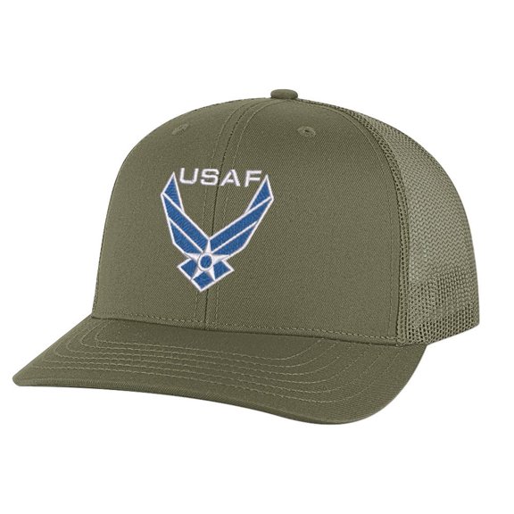 Air Force Hat - Embroidered USAF Logo - Military Trucker Baseball Cap Snapback (Olive)