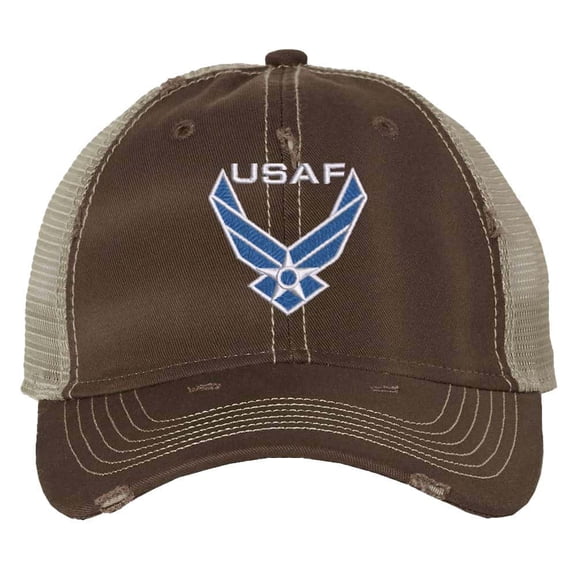 USAF Cap - Distressed Air Force Logo - Vintage Military Trucker Baseball Hat Strapback (Brown)