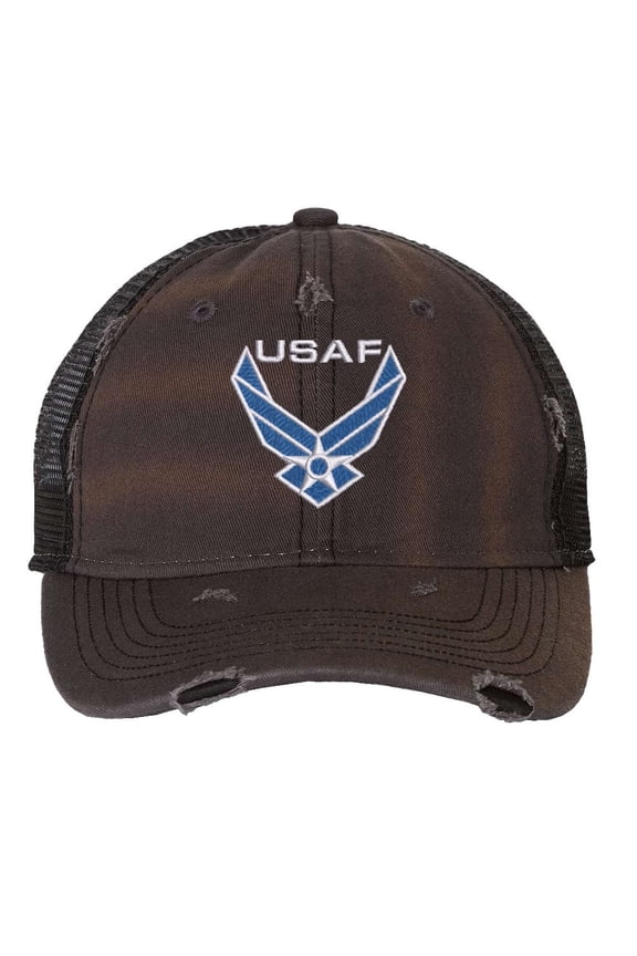 USAF Cap - Distressed Air Force Logo - Vintage Military Trucker Baseball Hat Strapback (Charcoal)