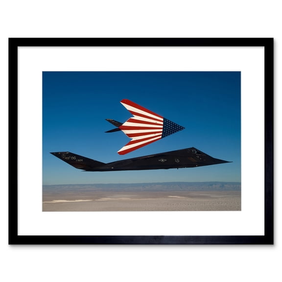 USAF F-117 Nighthawks in Flight with American Flag Stealth Stars And Stripes Attack Aircraft Jet Plane Artwork Framed Print Wall Art 9X7 Inch