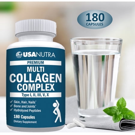 USANUTRA Multi Collagen Capsules, 180 Count, Supports Skin, Hair, Nails, Joints Elasticity and Connective Health