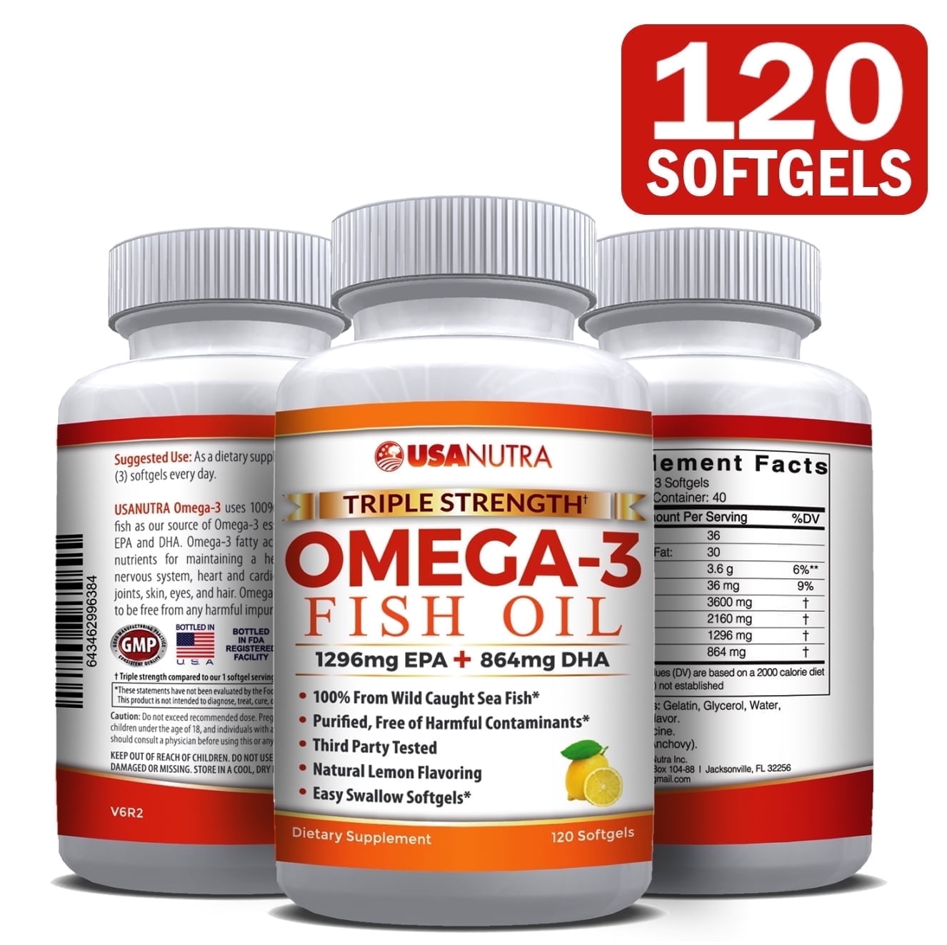 USANUTRA Omega 3 Fish Oil 3600mg Triple Strength Wild Caught Icelandic Anchovy Fish Oil.  120 Easy Swallow SoftGels