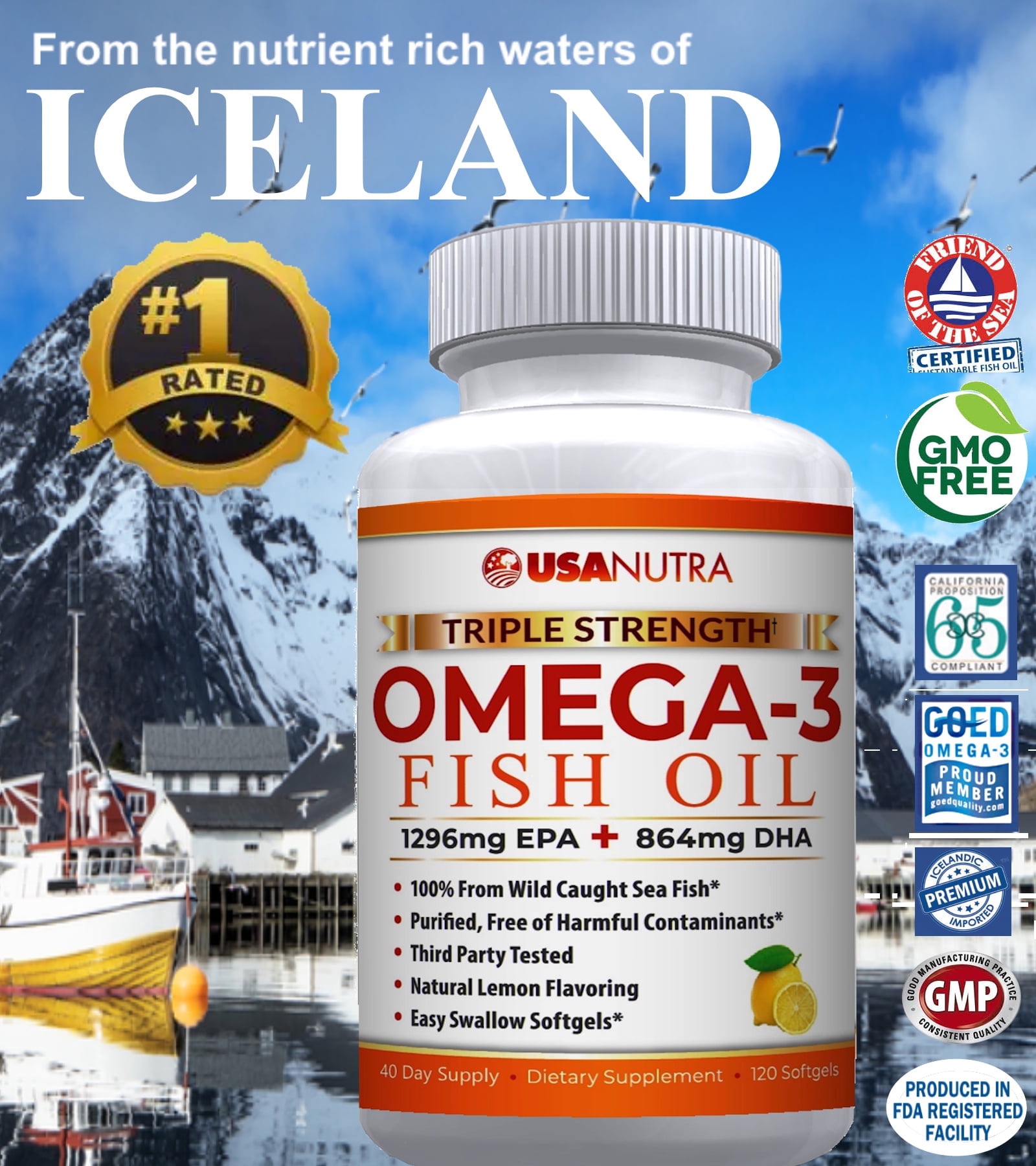 USANUTRA Omega 3 Fish Oil 3600mg Triple Strength Wild Caught Icelandic Anchovy Fish Oil.  120 Easy Swallow Softgels, 40 Day Supply