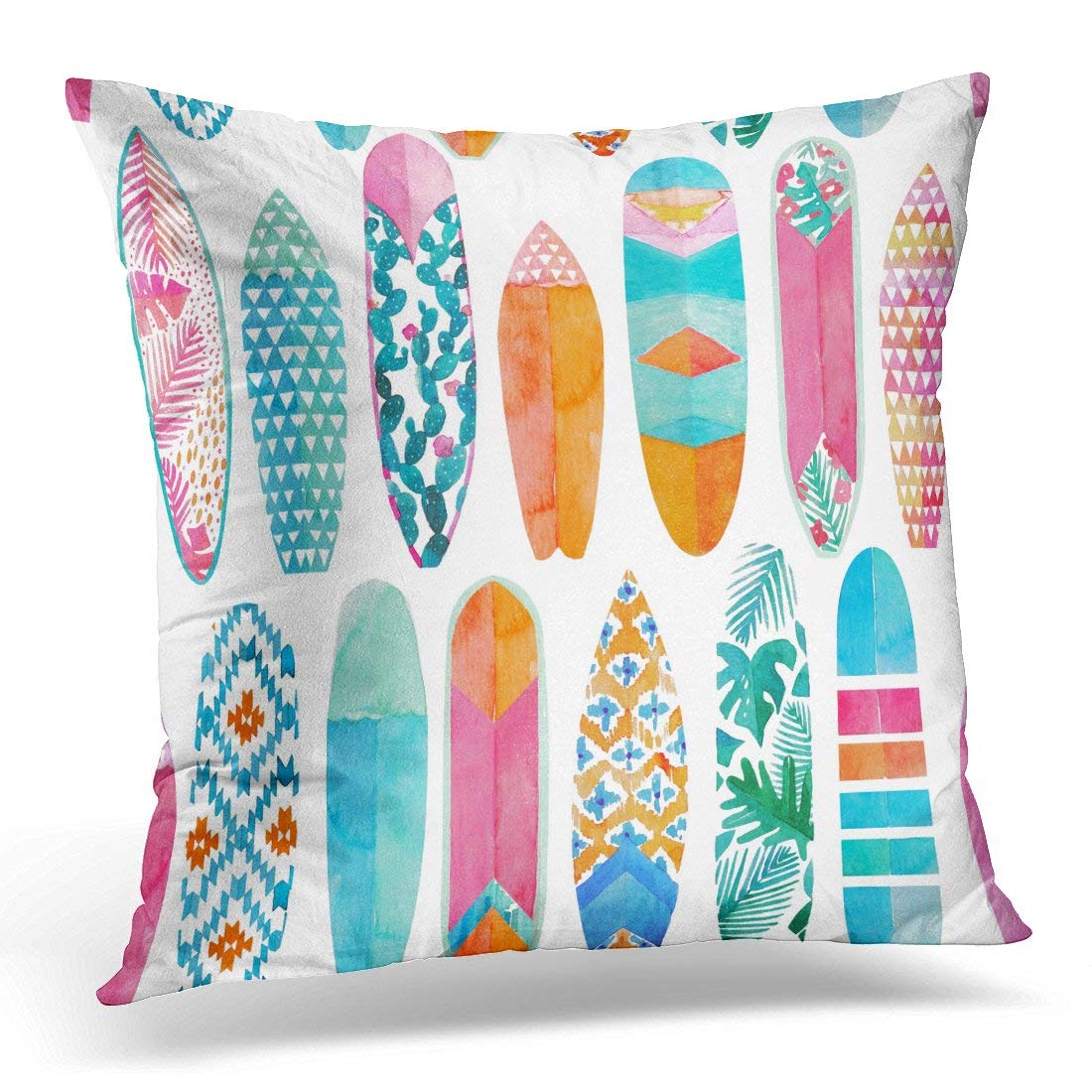 HighonHi 16x16 Inch Surfboard Beach Throw Pillow Cover - Vintage Summer Pattern For Couch, Sofa & Bed Decor