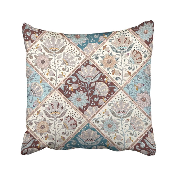 USART Blue Persian Floral Pattern Vintage with Flowers and Leaves Rhombus Patchwork Brown Pillow Case Pillow Cover 16x16 inch Throw Pillow Covers