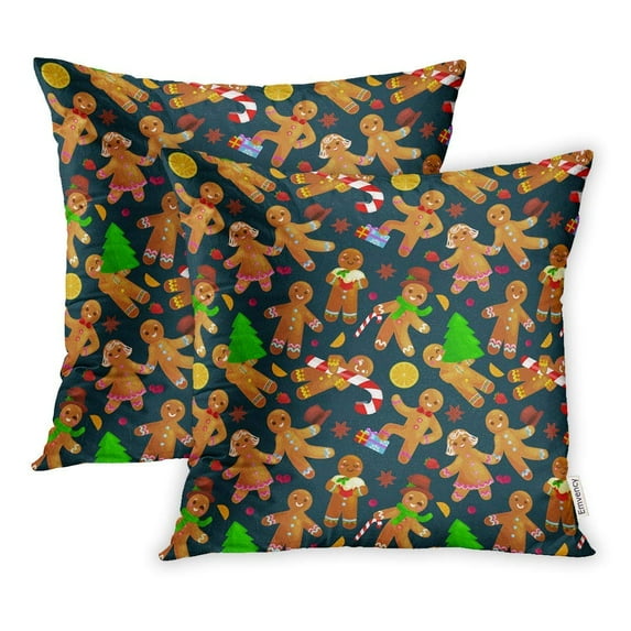 USART Christmas Cookies Gingerbread Man and Girl Decorated Icing Dancing Having Fun Pillow Case Pillow Cover 16x16 inch Set of 2