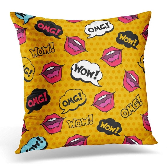 USART Colorful OMG Wow in Pop Comic Style with Speech Bubbles and Girl Lips on Yellow Halftone Smile Pillow Case Pillow Cover 18x18 inch