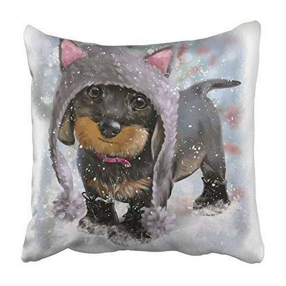 USART Dog Dachshund Watercolor Painting Animal Cute Funny Hat Puppy Snow Winter Pillowcase Cushion Cover 18x18 inch