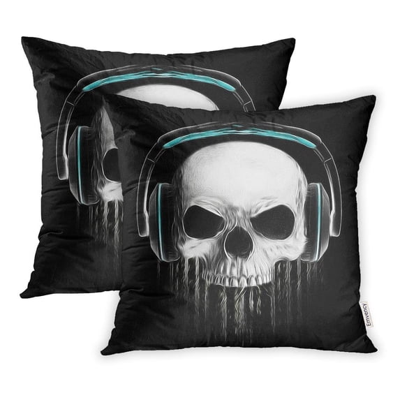 USART Face Graphic Skull Evil Concert Rock Roll Music Headphone Pillowcase Cushion Cover 16x16 inch, Set of 2