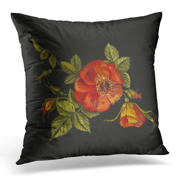 USART Floral Embroidery Wild Roses Dogrose Flowers Classic Beautiful Vintage Buds of on Black Fashionable Pillow Case Pillow Cover 18x18 inch