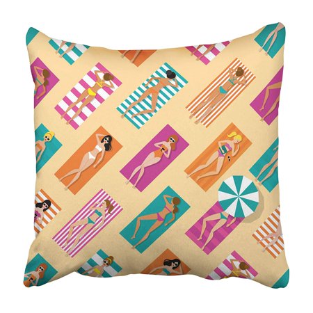 USART Girls on The Beach Top View Pattern Woman's Sunbathing Striped Towels Summertime Pillowcase 20x20 inch