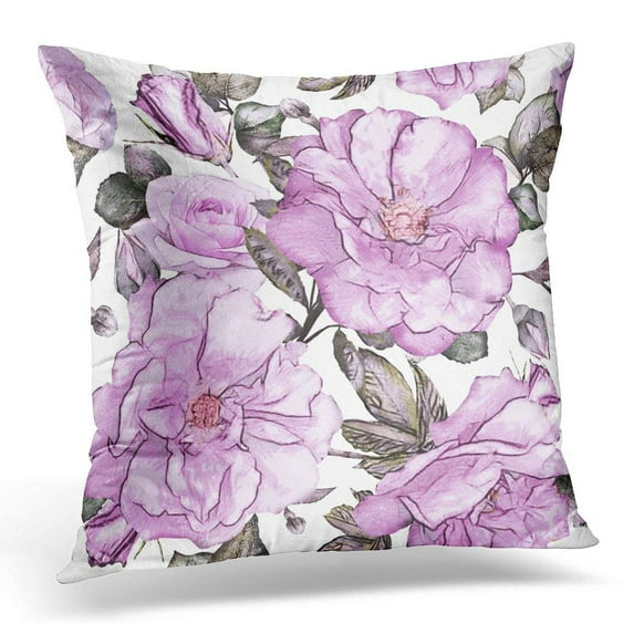 USART Gray Abstract with Purple Flowers and Leaves on White Watercolor Floral Pattern Rose in Pastel Color Pink Pillow Case Pillow Cover 18x18 inch