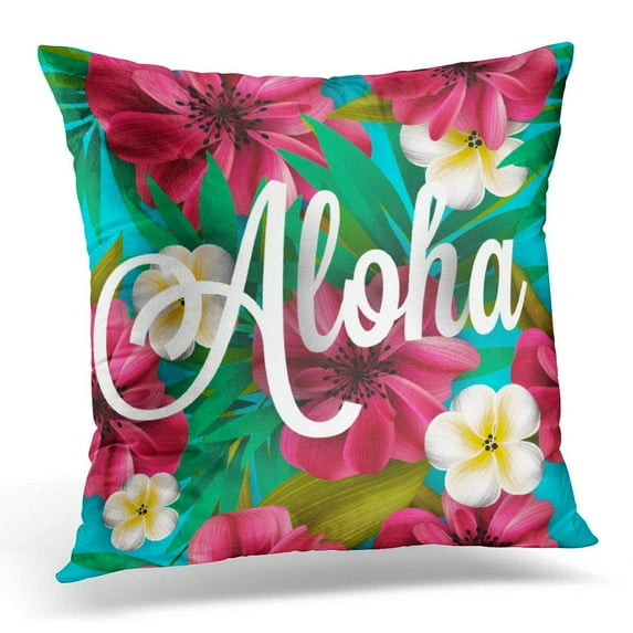 USART Hawaiian Aloha Hawaii Hand Lettering with Hibiscus Pink Lily Orchid Plumeria Flowers Palm Leaf Party Pillow Case Pillow Cover 18x18 inch