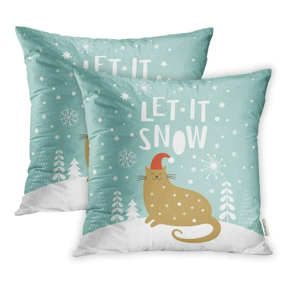 USART Noel Cute Cat in Red Hat Christmas Let It Snow Lettering Animal Pillow Case Pillow Cover 20x20 inch Set of 2