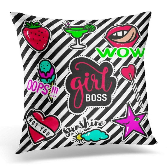 USART Patch Badges with Lips Heart Lollipop Speech Bubbles Cocktail Sun Star Strawberry Ice Cream of Sweet Girl Pillow Case Pillow Cover 18x18 inch