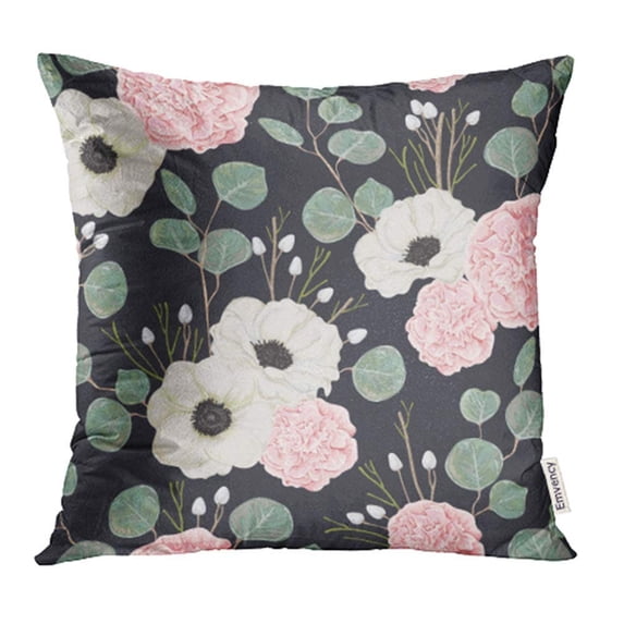 USART Pink Camellias White Anemone Flowers and Eucalyptus Winter Floral for Vintage Pillow Case Pillow Cover 16x16 inch Throw Pillow Covers