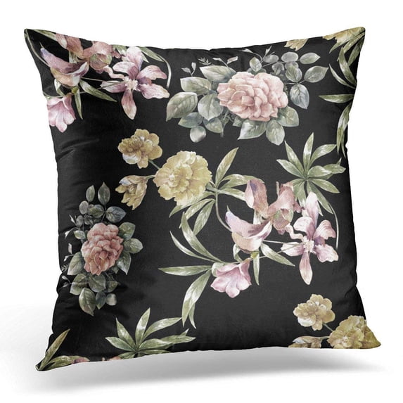 USART White Floral Watercolor Painting of Leaf and Flowers on Dark Black Vintage Throw Pillow Case Pillow Cover Sofa Home Decor 16x16 Inches