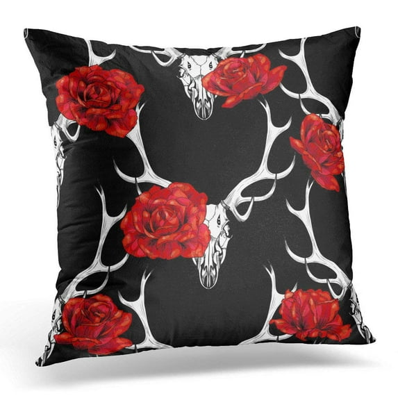 USART White Flower Deer Skull and Red Roses on Black Anatomy Pillow Case Pillow Cover 18x18 inch