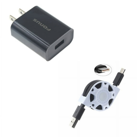 USB 18W Quick Home Charger w Type-C Retractable USB Cable R5D for Samsung Galaxy Note 10 Plus Fold A9 A50 A20 A10e - Sonim XP8 XP3 - Sony Xperia 5 10 Plus 1 - Xiaomi Redmi Note 7, Mi Mix 2 9T