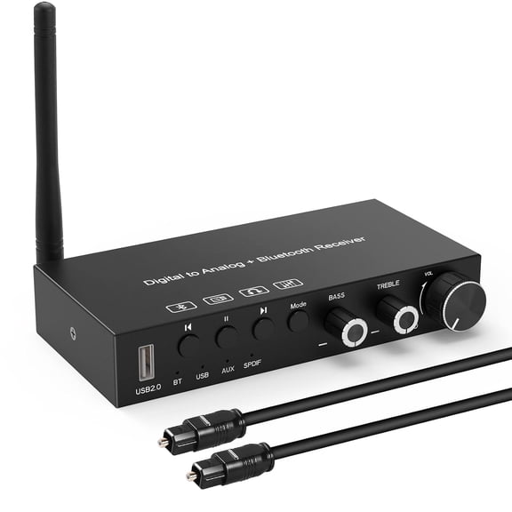 USB 192kHz DAC with Headphone Amplifier & Bluetooth 5.0 Receiver Digital to Analog Converter, SPDIF/TOSLINK to Stereo RCA & 3.5mm, Volume Adjustable