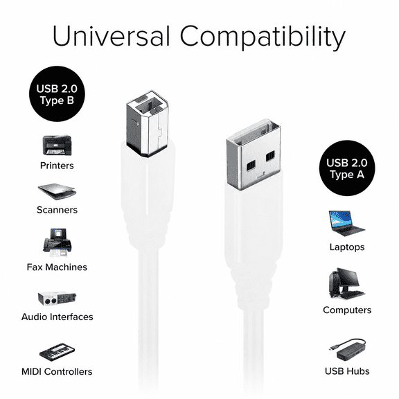 USB 2.0 A to B Cable Male to Male | High-Speed Printer Cable, Data Transfer Cord, Durable USB Connector for PC, Laptop, Printer, Scanner, and Hard Drive - 16.5 FT