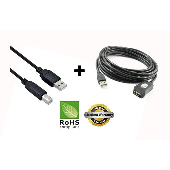 USB 2.0 Cable - A-Male to B-Male for Brother P-Touch Label Maker (Specific Models Only) - 10 FT/BLACK/15F Extension