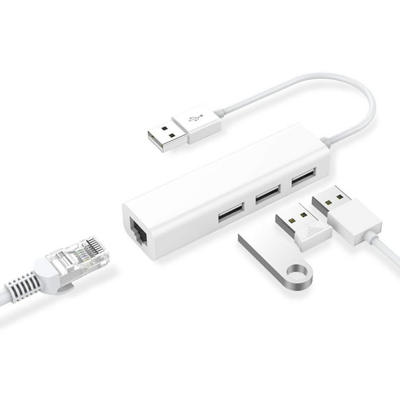 USB 2.0 to Ethernet Adapter,3-Port USB 2.0 Hub with RJ45 10/100/1000 Gigabit Ethernet Adapter Support Windows 10,8.1,Mac OS, Surface Pro,Linux,Chromebook and More (White)