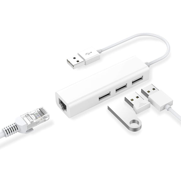 USB 2.0 to Ethernet Adapter,3-Port USB 2.0 Hub with RJ45 10/100/1000 Gigabit Ethernet Adapter Support Windows 10,8.1,Mac OS, Surface Pro,Linux,Chromebook and More (White)