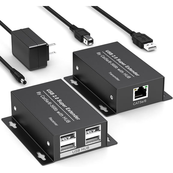 USB 2.0 Extender over Ethernet 196ft (60m) RJ45 Cat5e/6, 480Mbps, Plug & Play, PoC Power, Supports Keyboard, Mouse, USB Drive, Printer & More